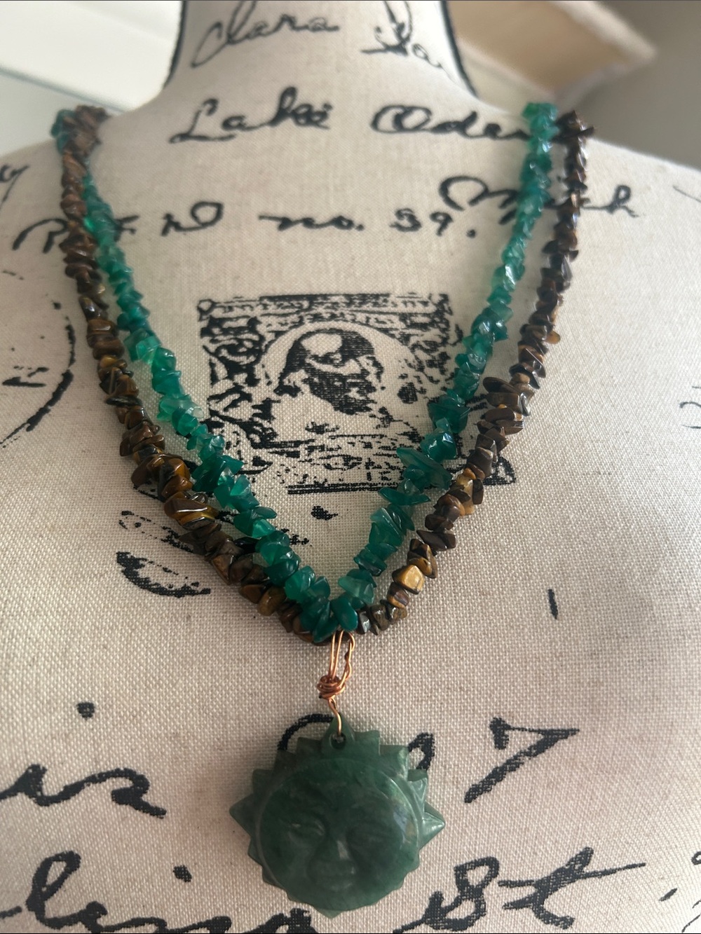 Bohemian Layered Gemstone Chip Necklace with Green Jade Sun Pendant